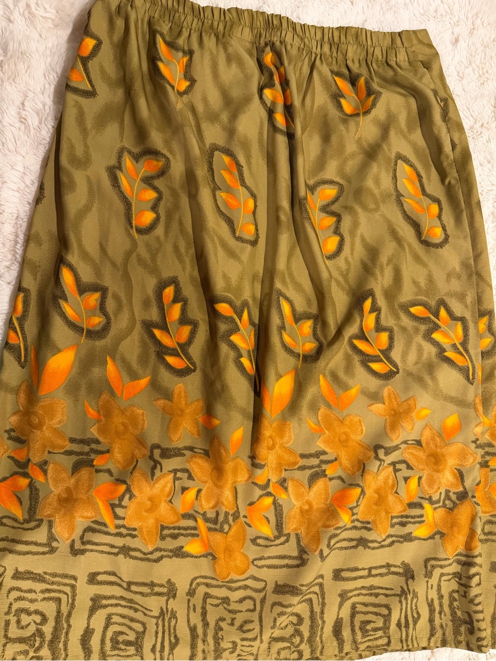 Olive Green Midi Skirt with Orange Floral Appliqué